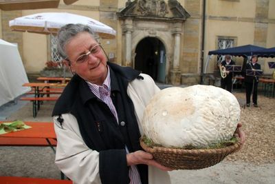Sissi Müller präsentiert ihr Prachtexemplar von einem Riesenbovist.